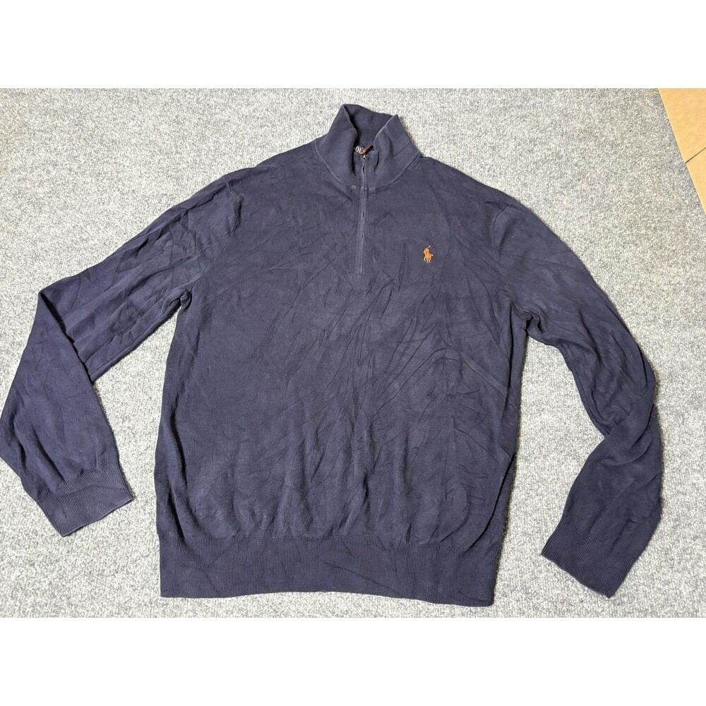 Polo Ralph Lauren Sweater Mens L Blue Pima Cotton Knit 1/4 Zip Mock Neck Logo